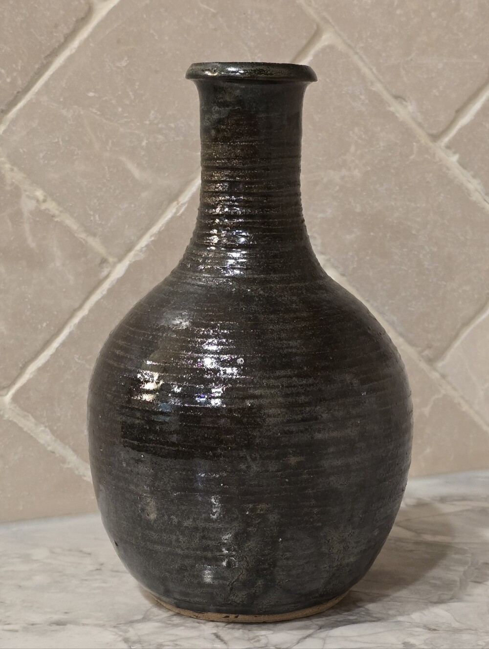 Vintage Mid-Century Modern Signed Studio Pottery Tenmoku Glazed Black Art Vase
